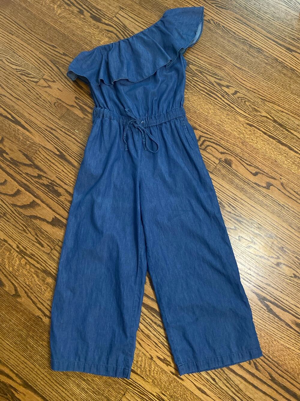 Westport cotton chambray one shoulder drawstring waist wide leg jumpsuit